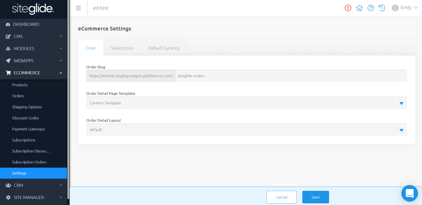 eCommerce Settings Menu
